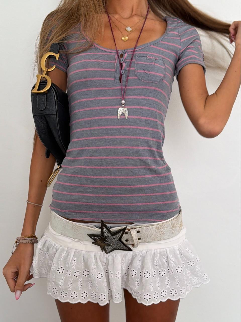 Vintage 00’s grey and pink stripe button top