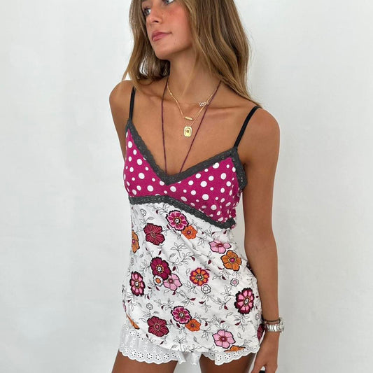 Vintage 2000’s floral and polka dot contrast cami  top