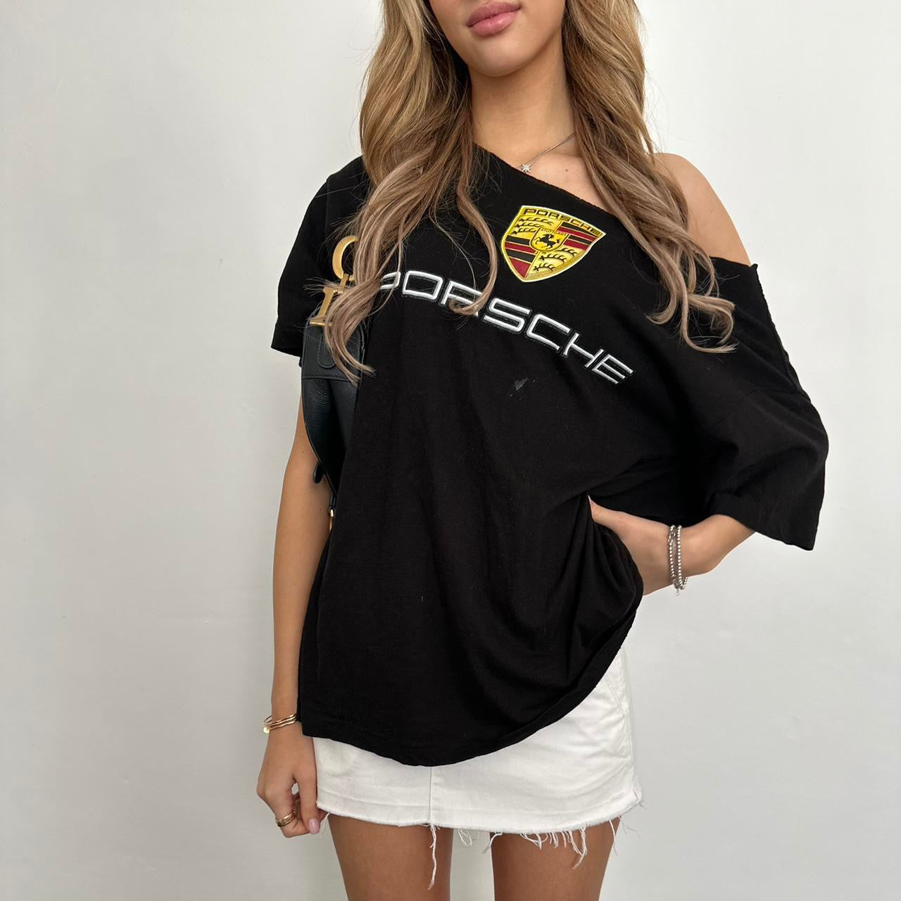 Vintage Porsche graphic off shoulder top