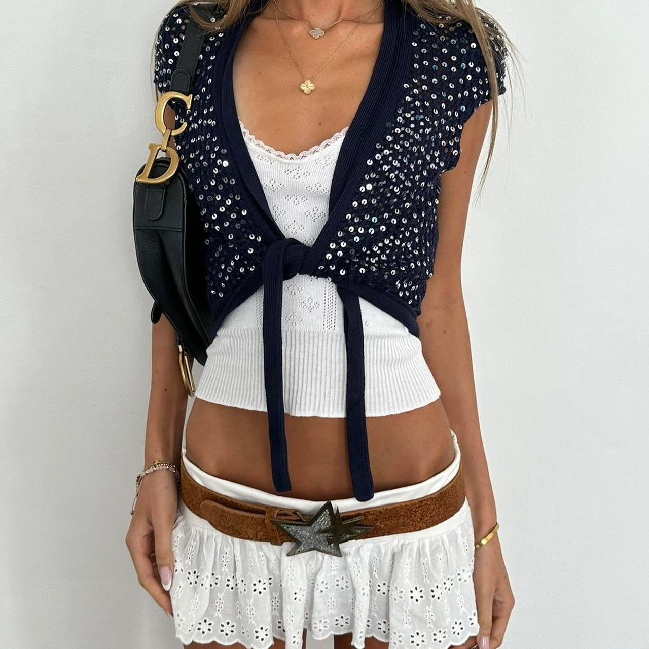 Vintage 00s navy sequin crochet layering top