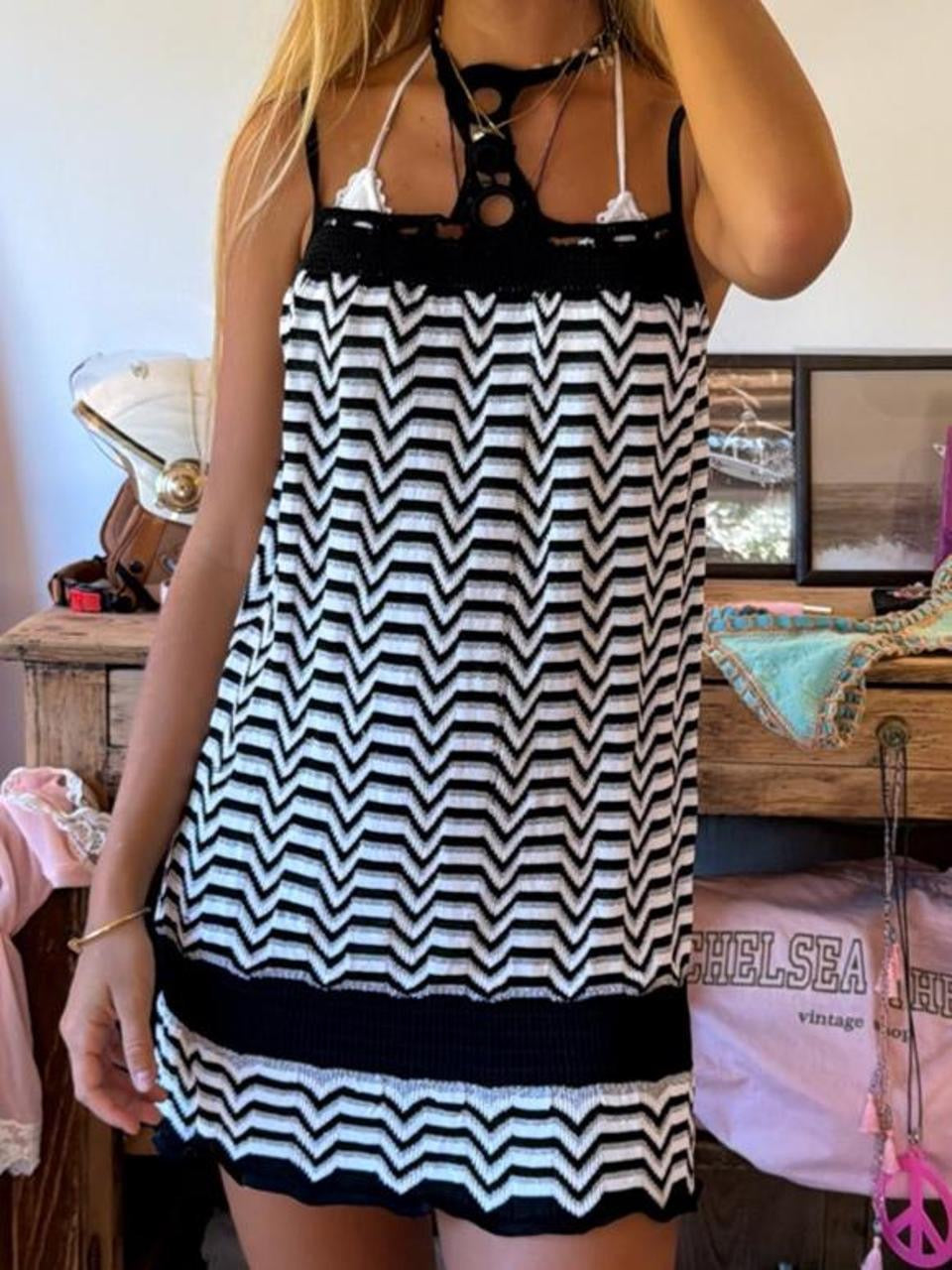 Vintage 00’s black and white halter mini dress