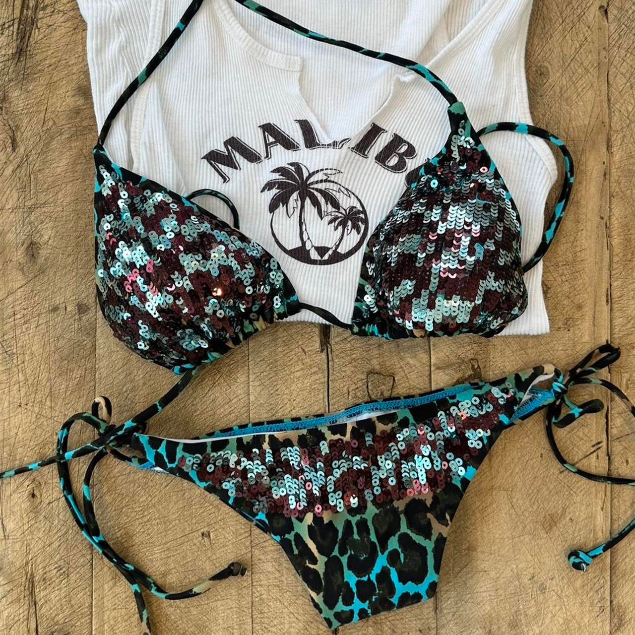 Vintage 00s sequin turquoise leopard print bikini