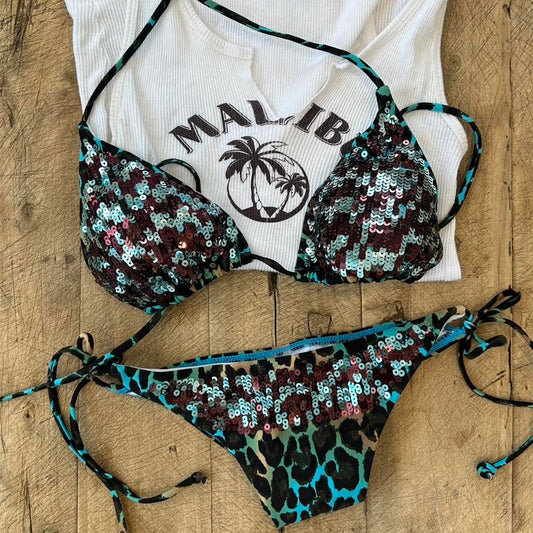 Vintage 00s sequin turquoise leopard print bikini