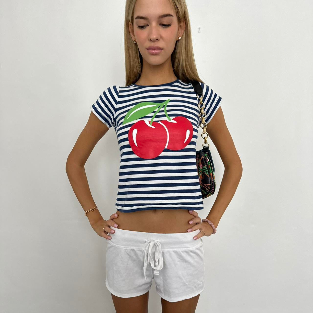 Vintage cherry navy and white striped baby tee