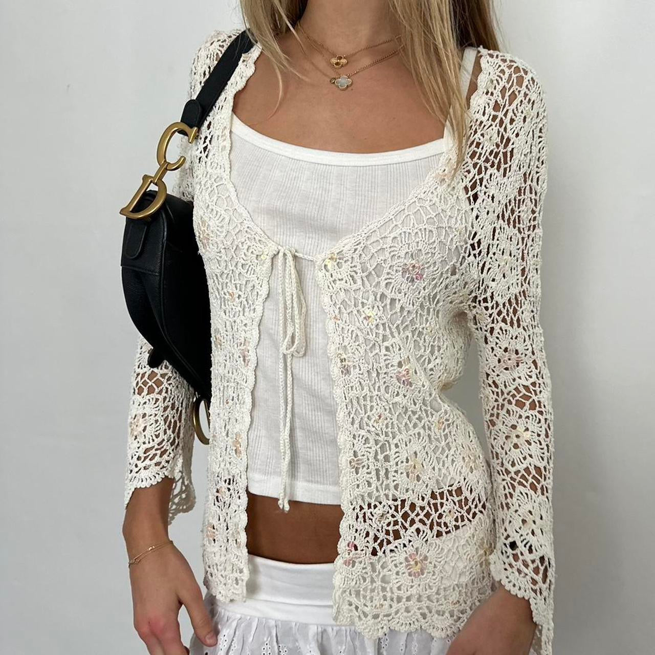 Vintage white crochet knit cardigan top