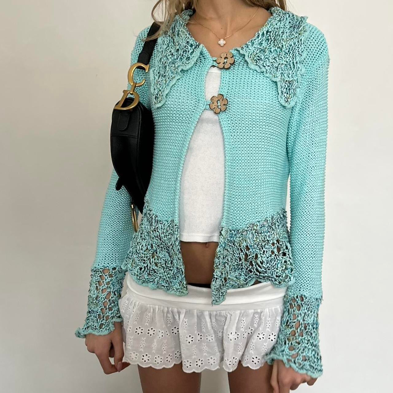 Vintage 90’s open front aqua blue crochet top