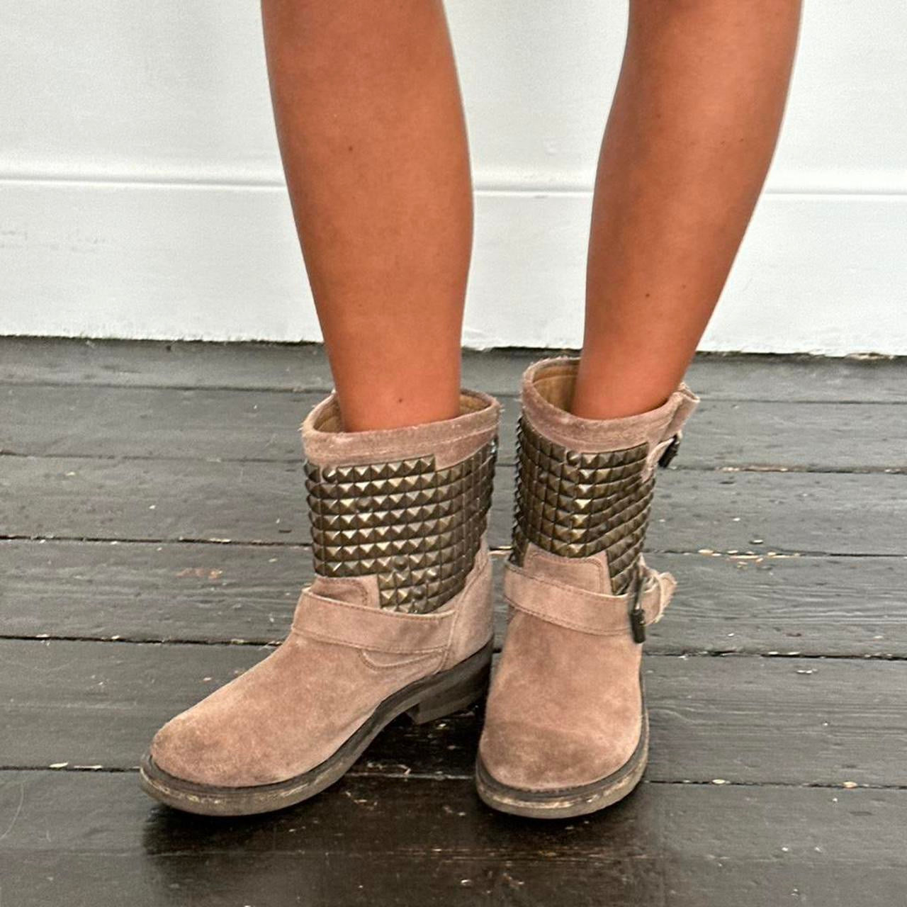 Vintage brown studded genuine leather ankle boots