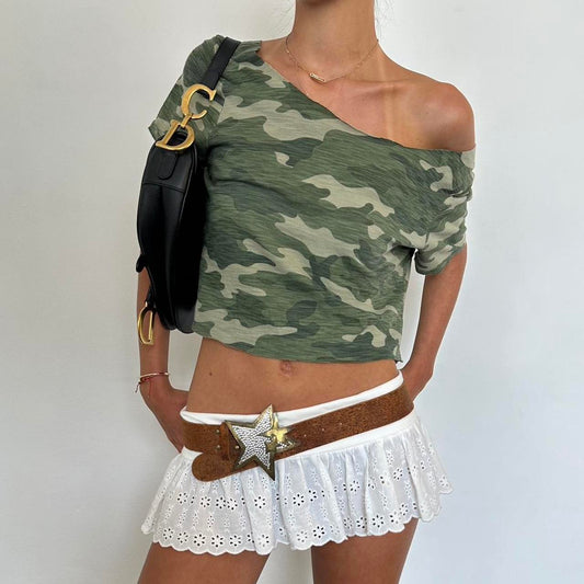 Vintage camouflage off the shoulder top