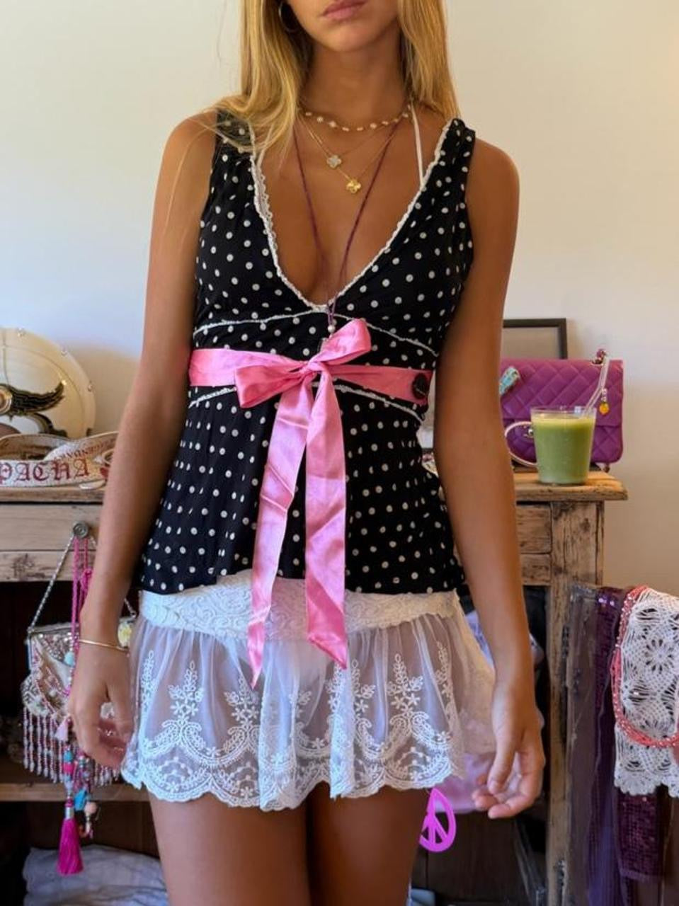 Vintage 00’s polka dot pink ribbon top