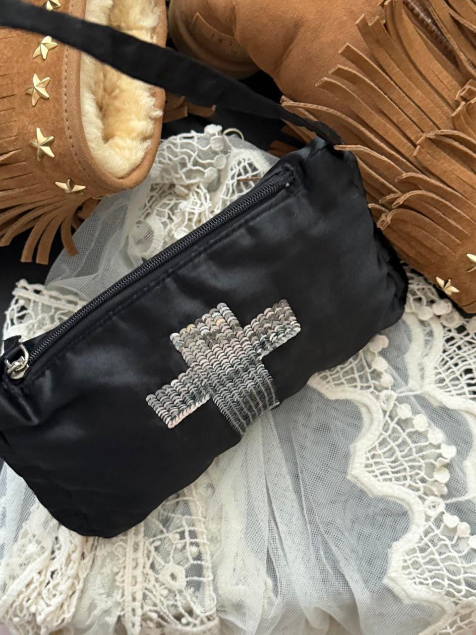 Vintage 2000’s black sequin cross satin bag