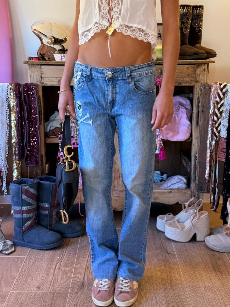 Vintage 00s skull and crossbone embroidered bootcut jeans