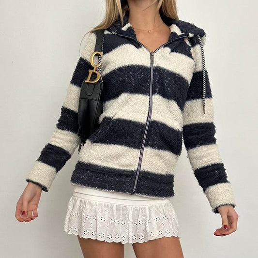 Vintage navy striped zip up hooded sweater