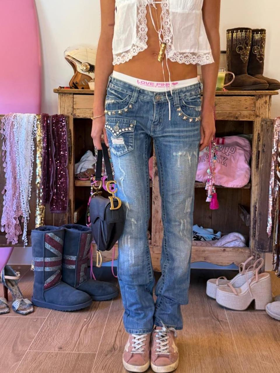 Vintage 00s studded distressed bootcut jeans