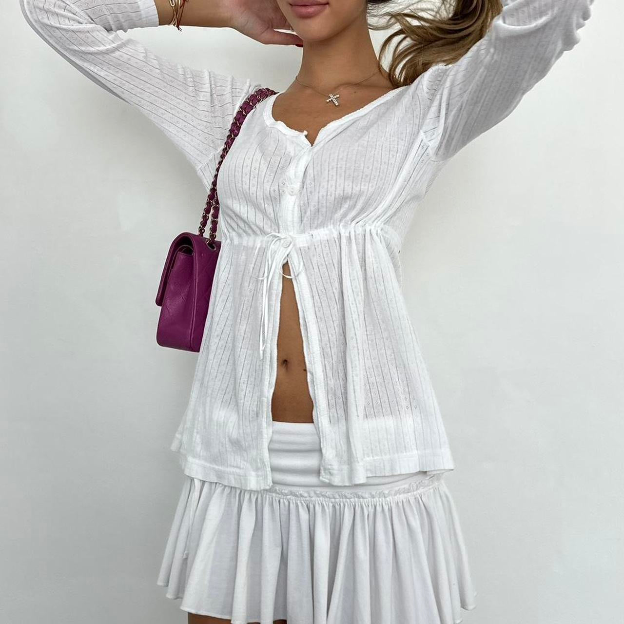 Vintage 90s white pointelle long sleeve babydoll tie up top