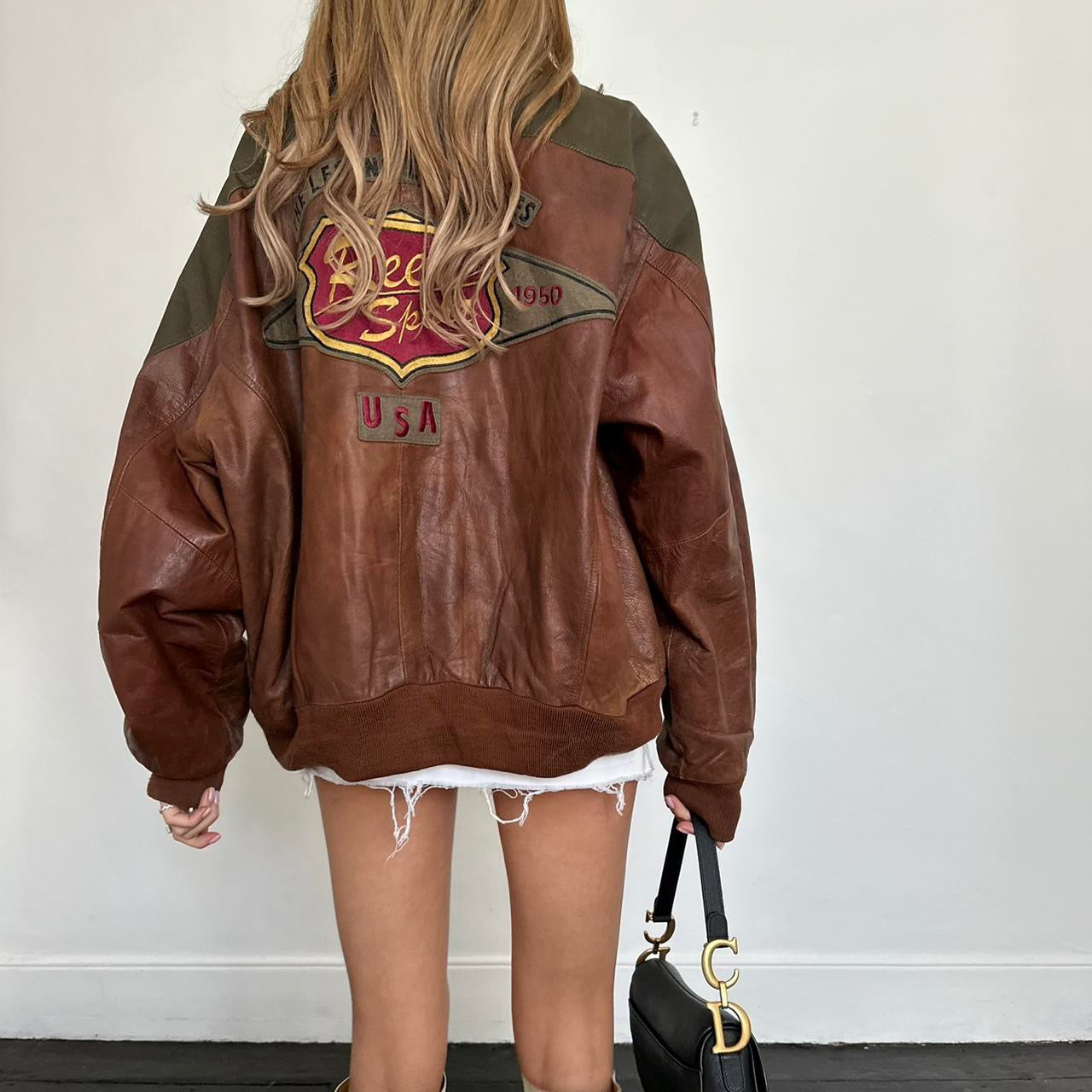 Vintage 90’s brown bomber graphic leather jacket