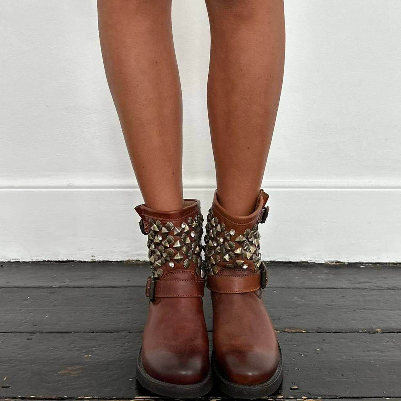 Vintage brown studded genuine leather boots