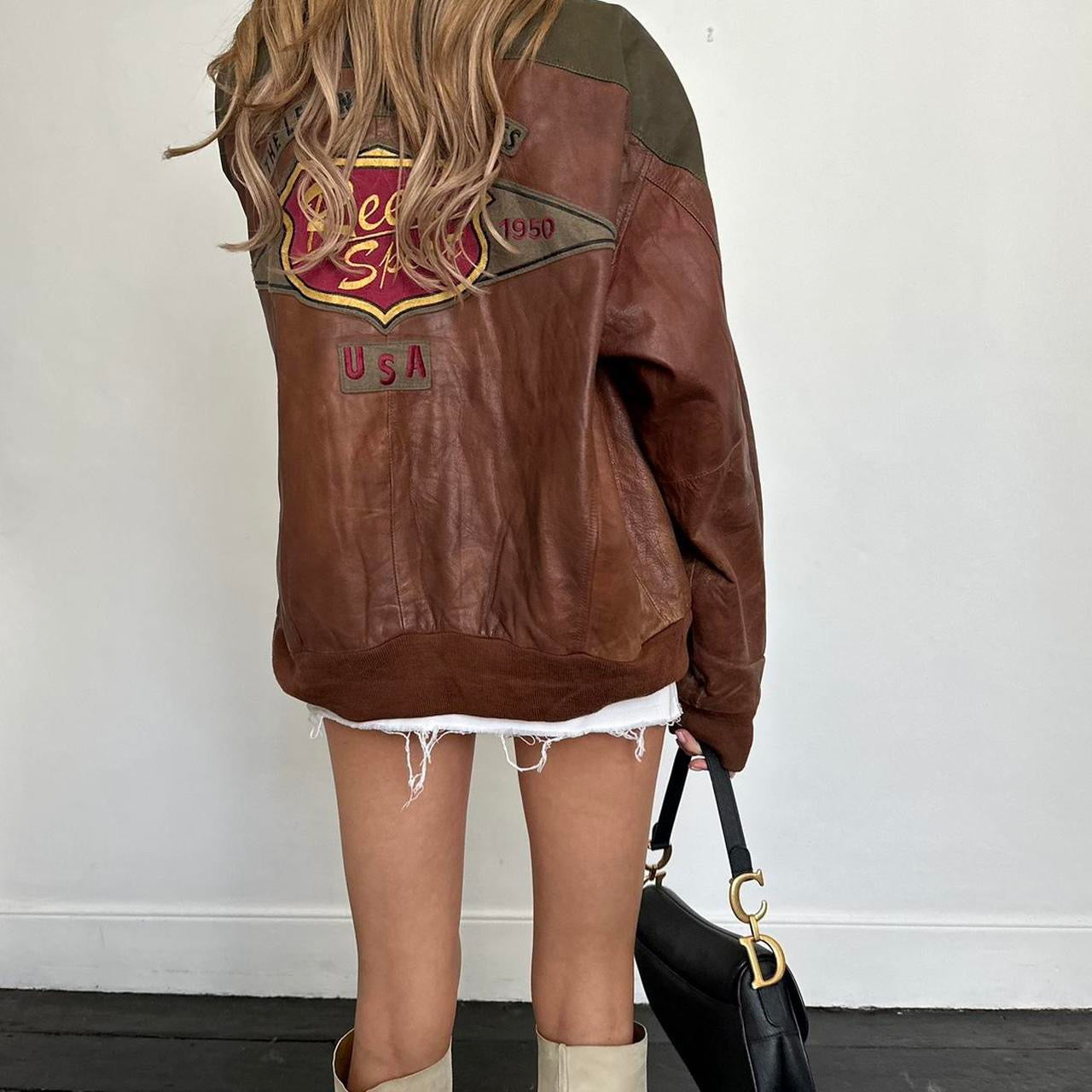 Vintage 90’s brown bomber graphic leather jacket