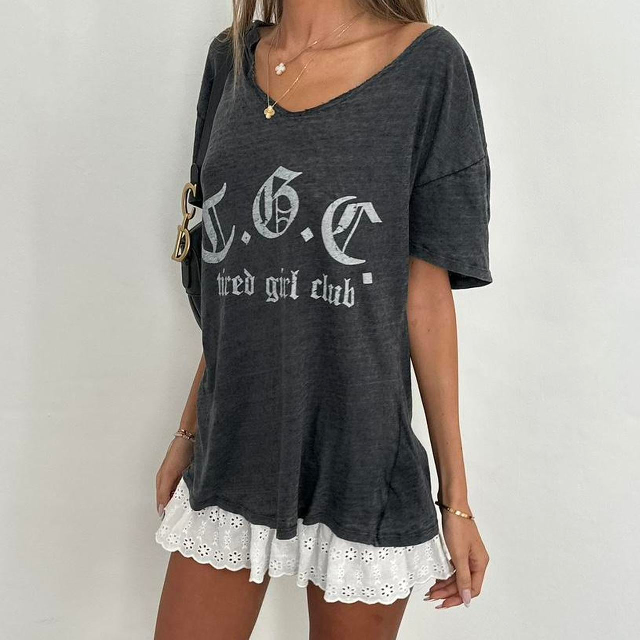 Vintage grey gothic script top ‘Tired Girl Club’