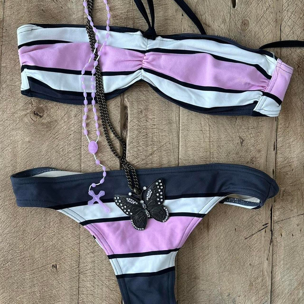 Vintage 00s black and pink striped bikini