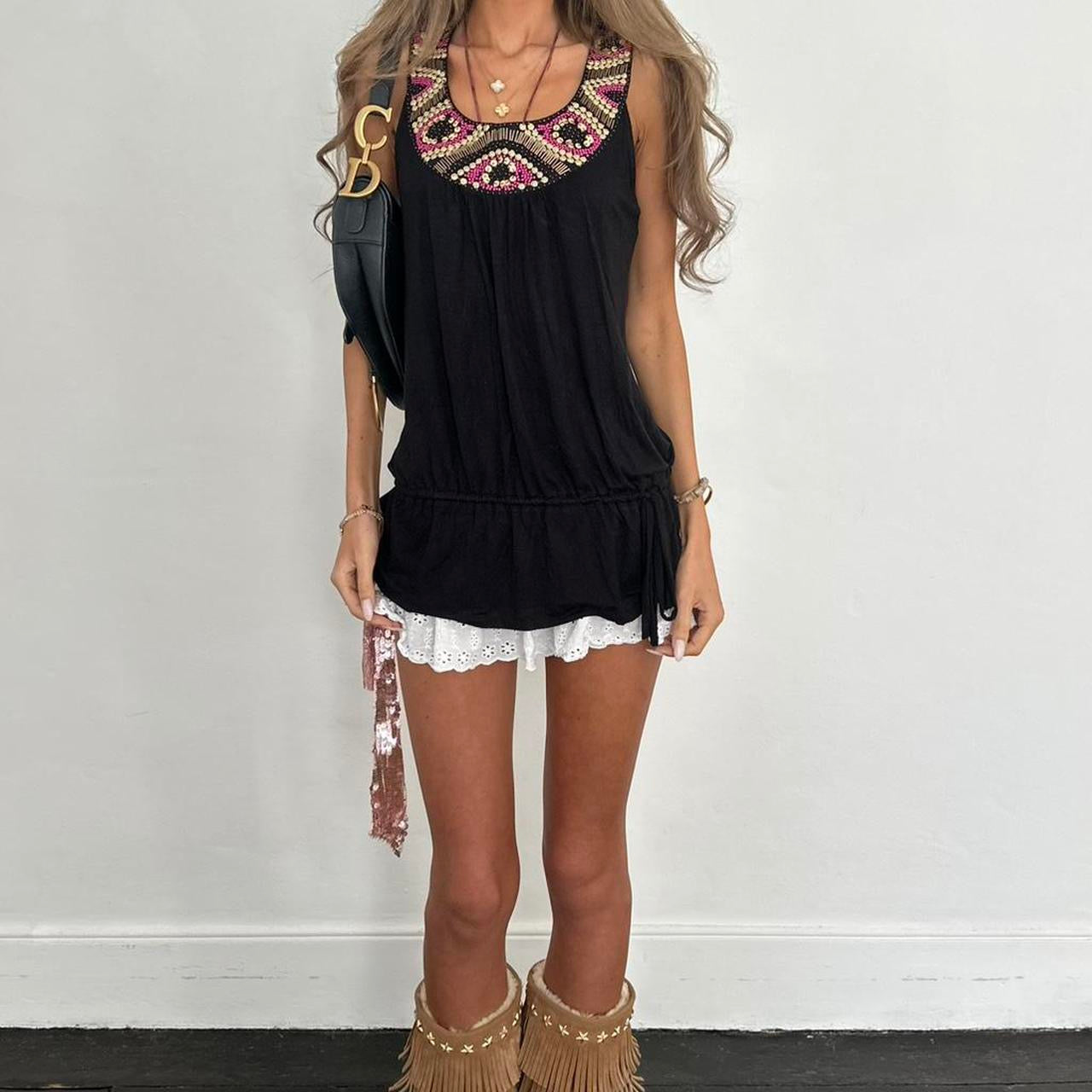 Vintage 00s black and pink beaded boho top