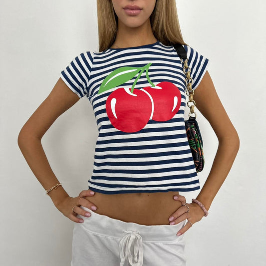 Vintage cherry navy and white striped baby tee