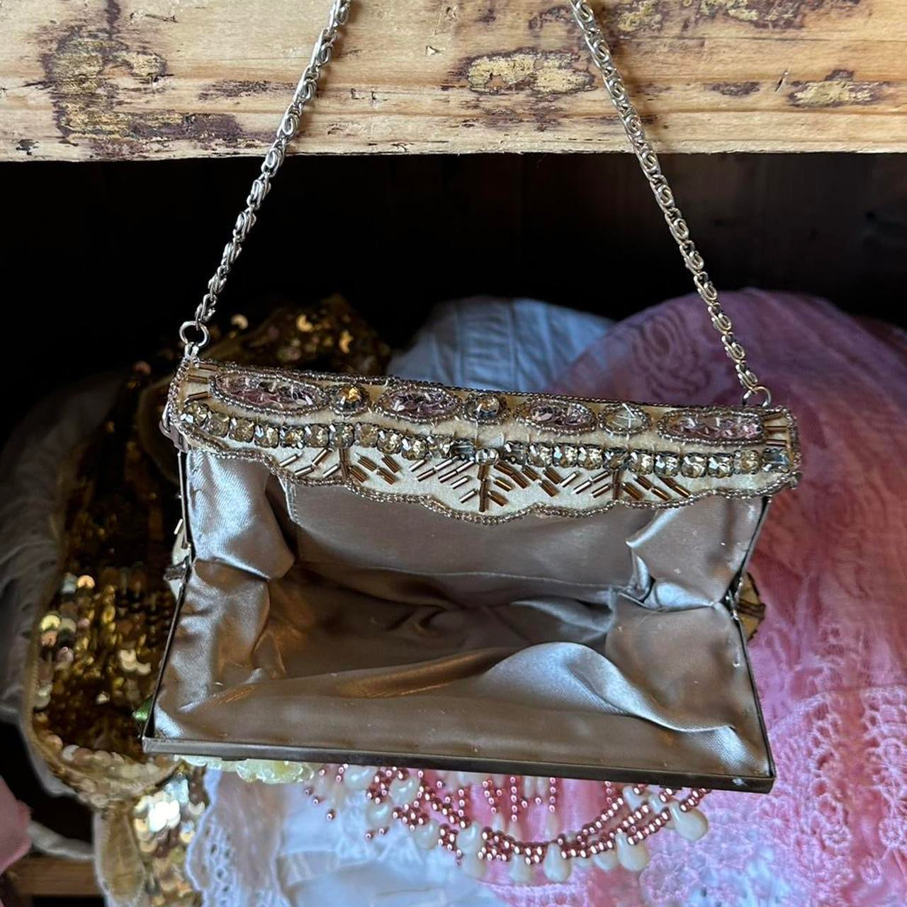 Vintage Beaded Evening Bag | Art Deco Inspired Satin Purse with Fringe & Floral Detail