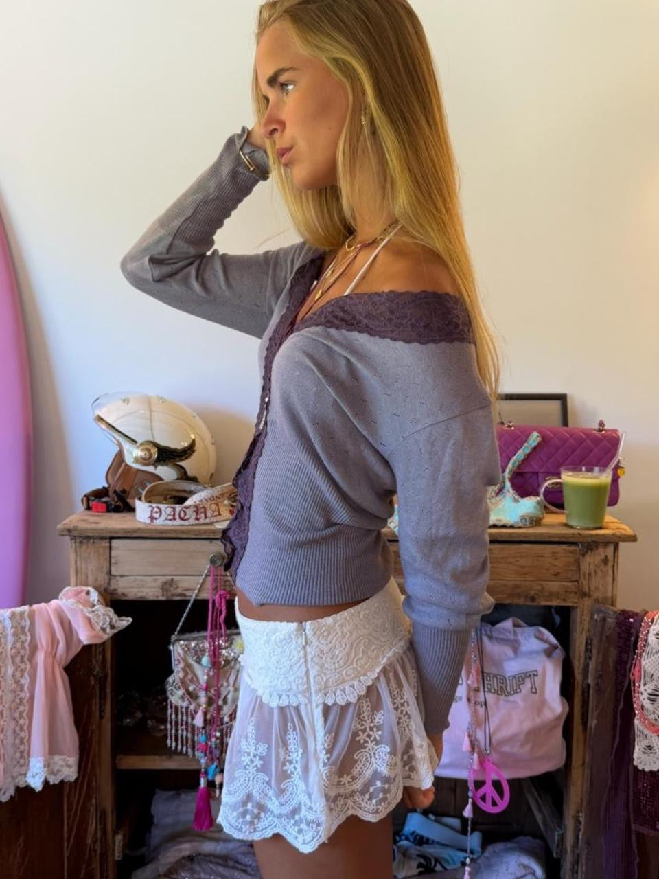 Vintage 00s pointelle grey & purple cardigan top