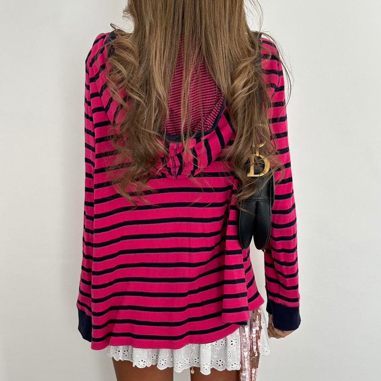 Vintage 00s pink striped ribbed hoodie top