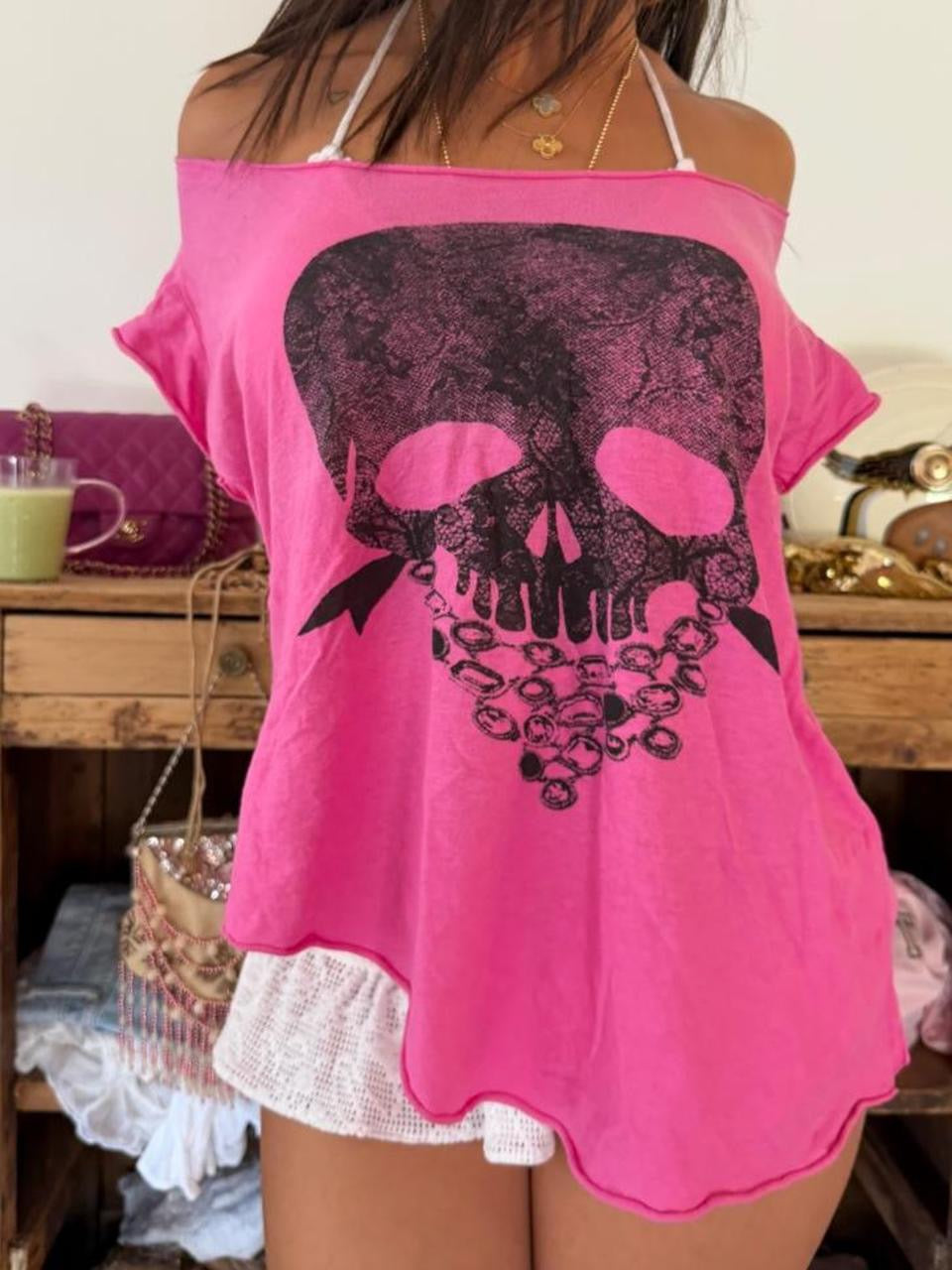 Vintage 00s pink skull off shoulder top