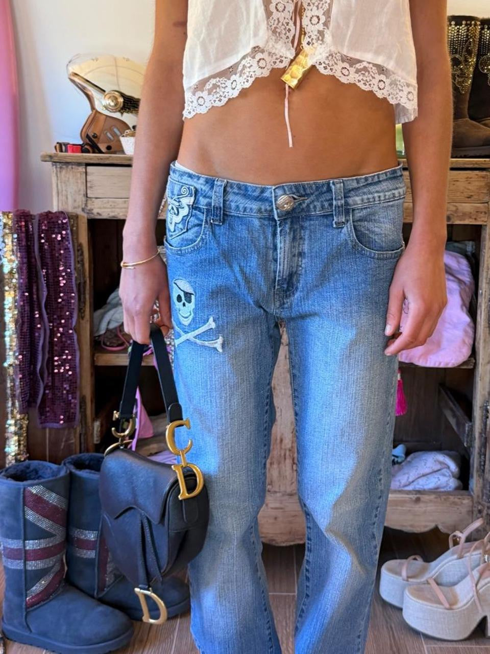 Vintage 00s skull and crossbone embroidered bootcut jeans