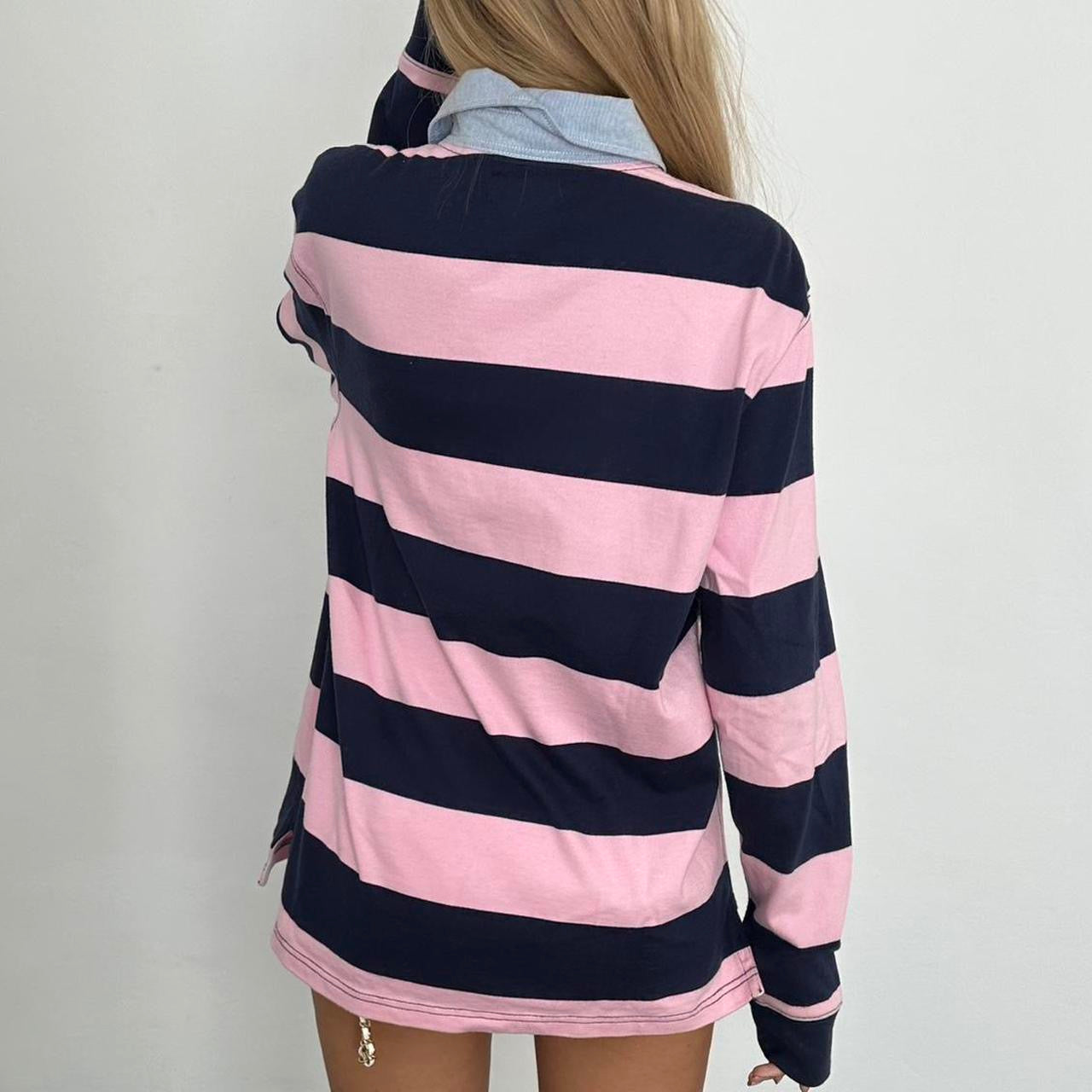 Vintage Polo Ralph Lauren striped navy and pink polo long sleeve top