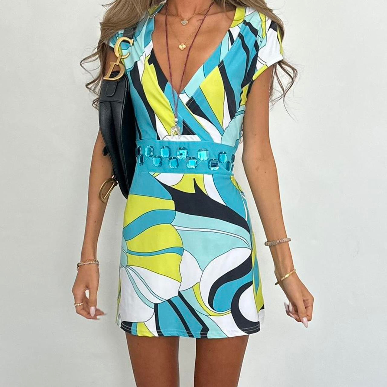 Vintage 00s blue geometric flower mini dress