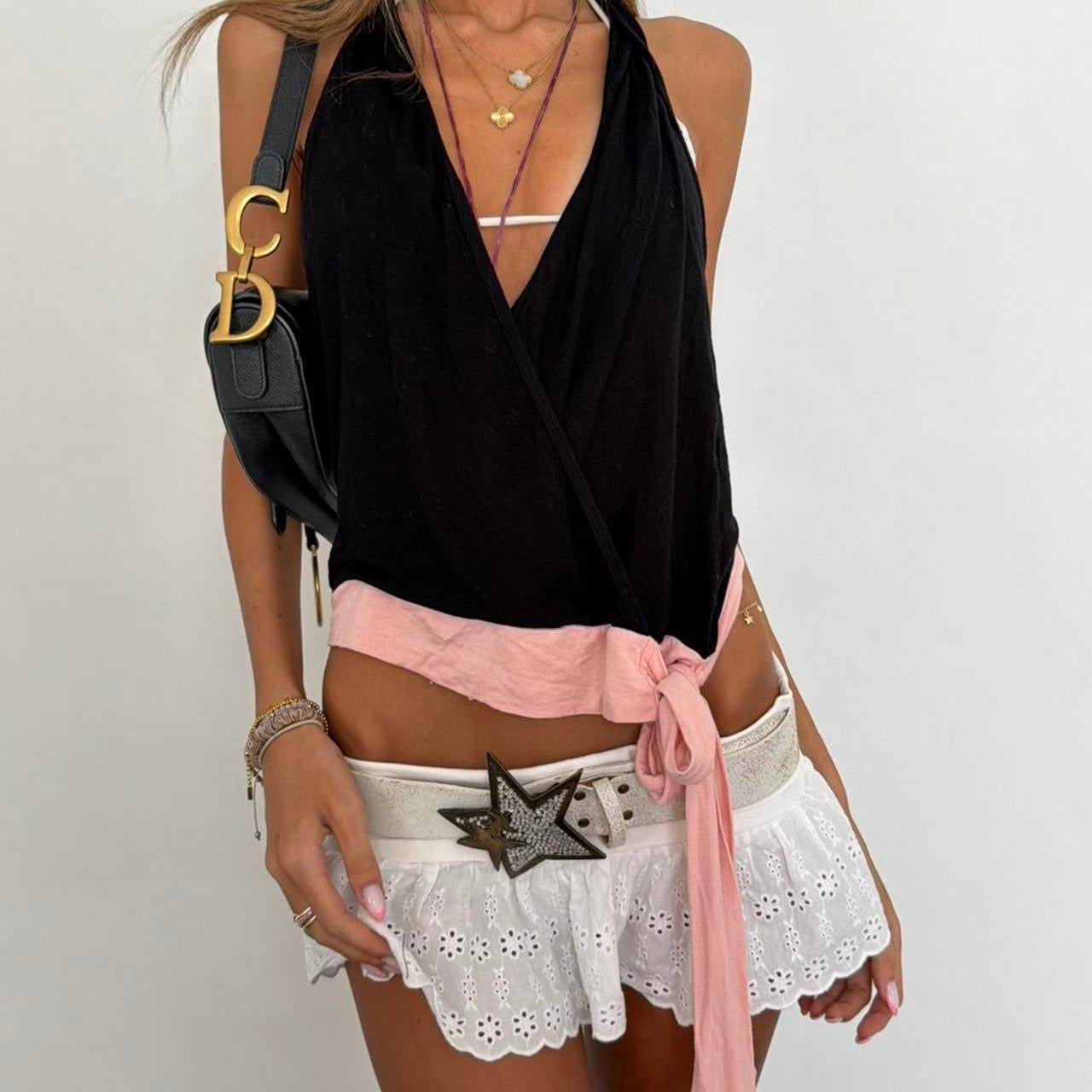 Vintage 00s black and pink tie up halter neck top