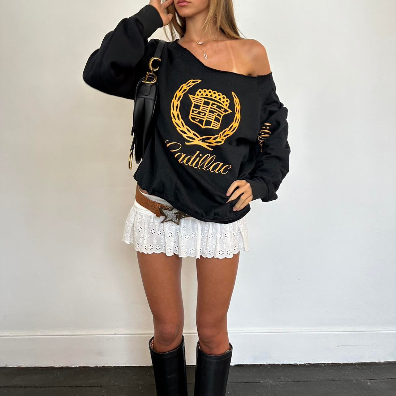 Vintage 90s Cadillac black off shoulder sweatshirt