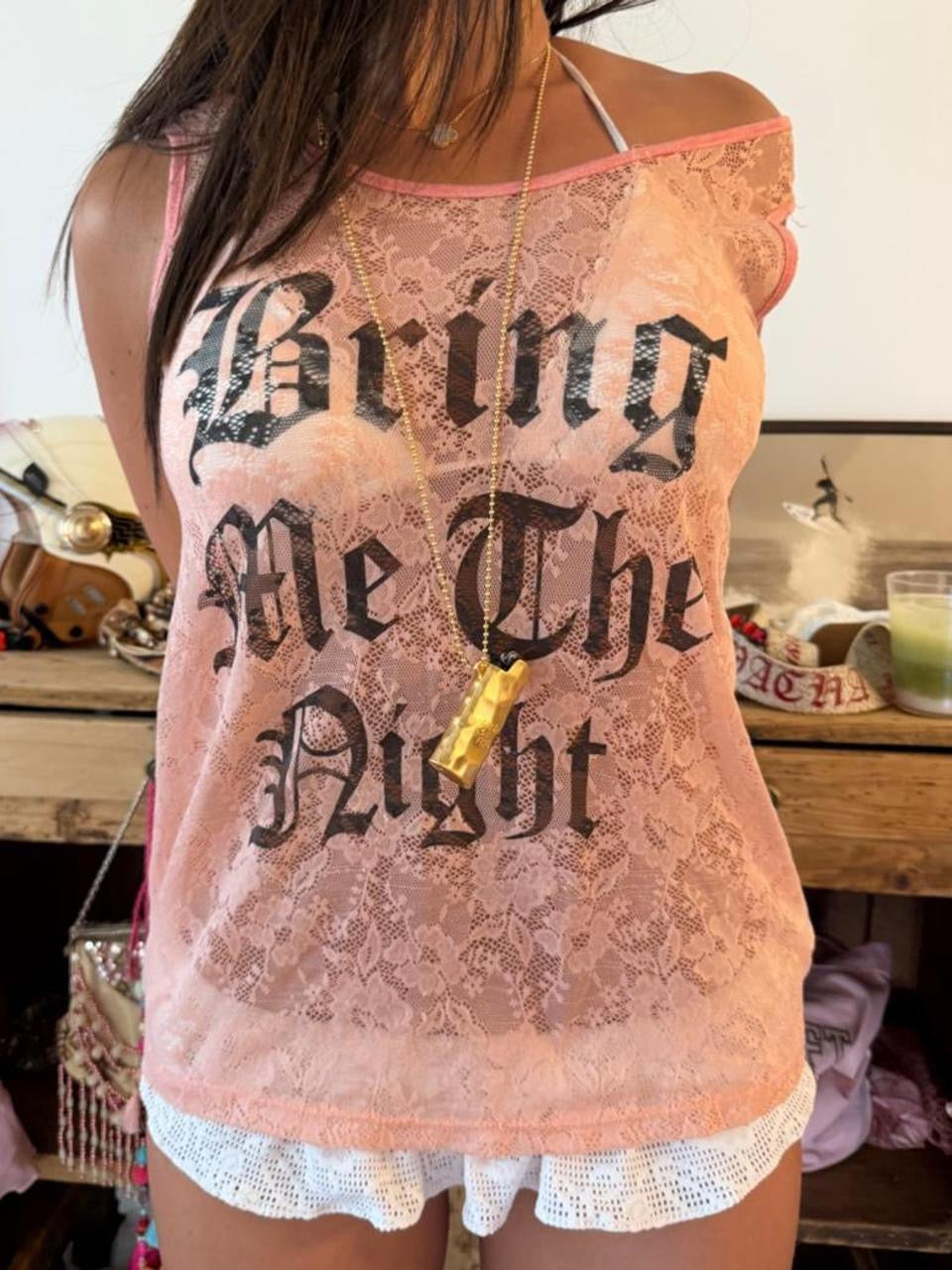 Vintage graphic script ‘Bring Me The Night’ pink tank top