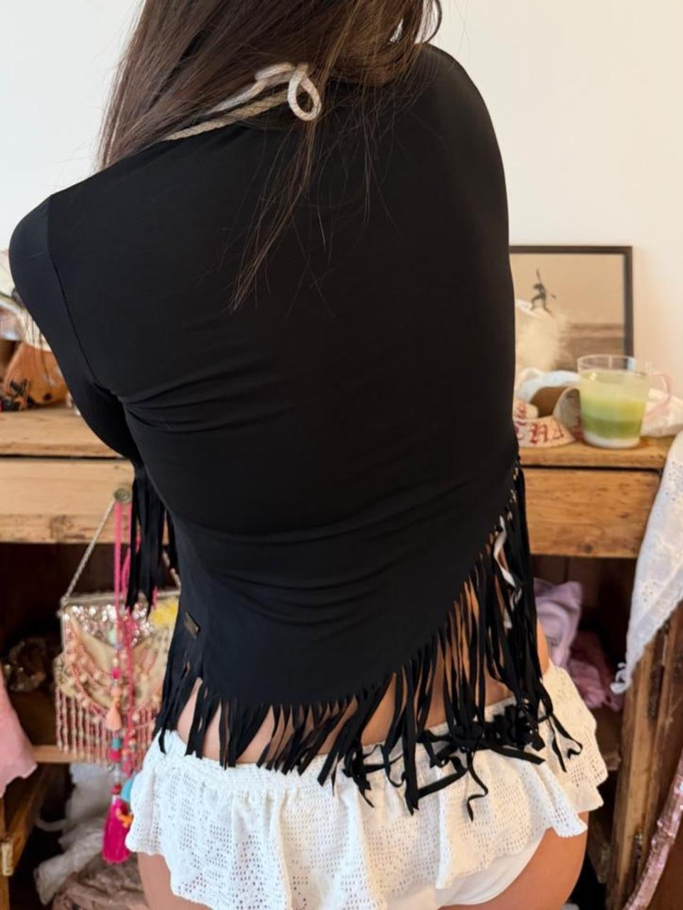 Vintage 00s black tassel tie up top