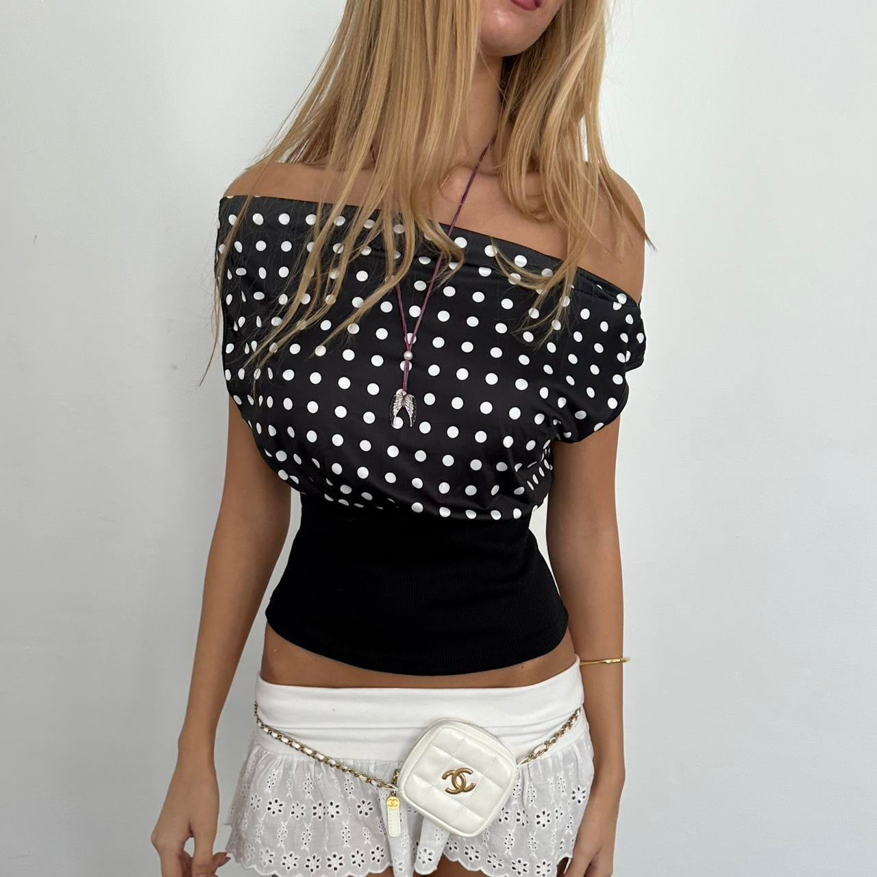 Vintage 90’s off shoulder black polka dot top