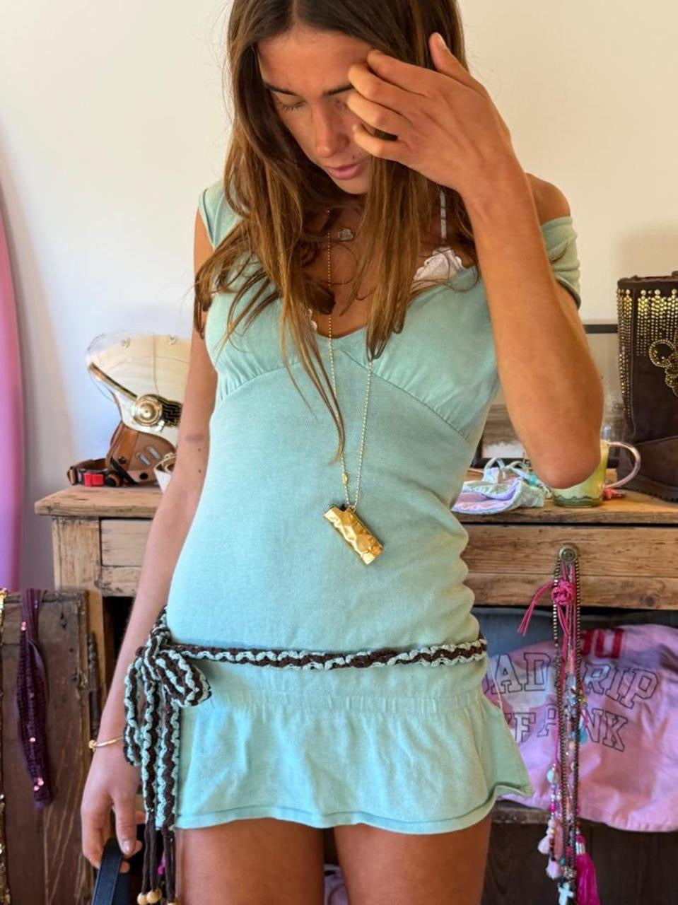 Vintage 00’s knit aqua dress with tie