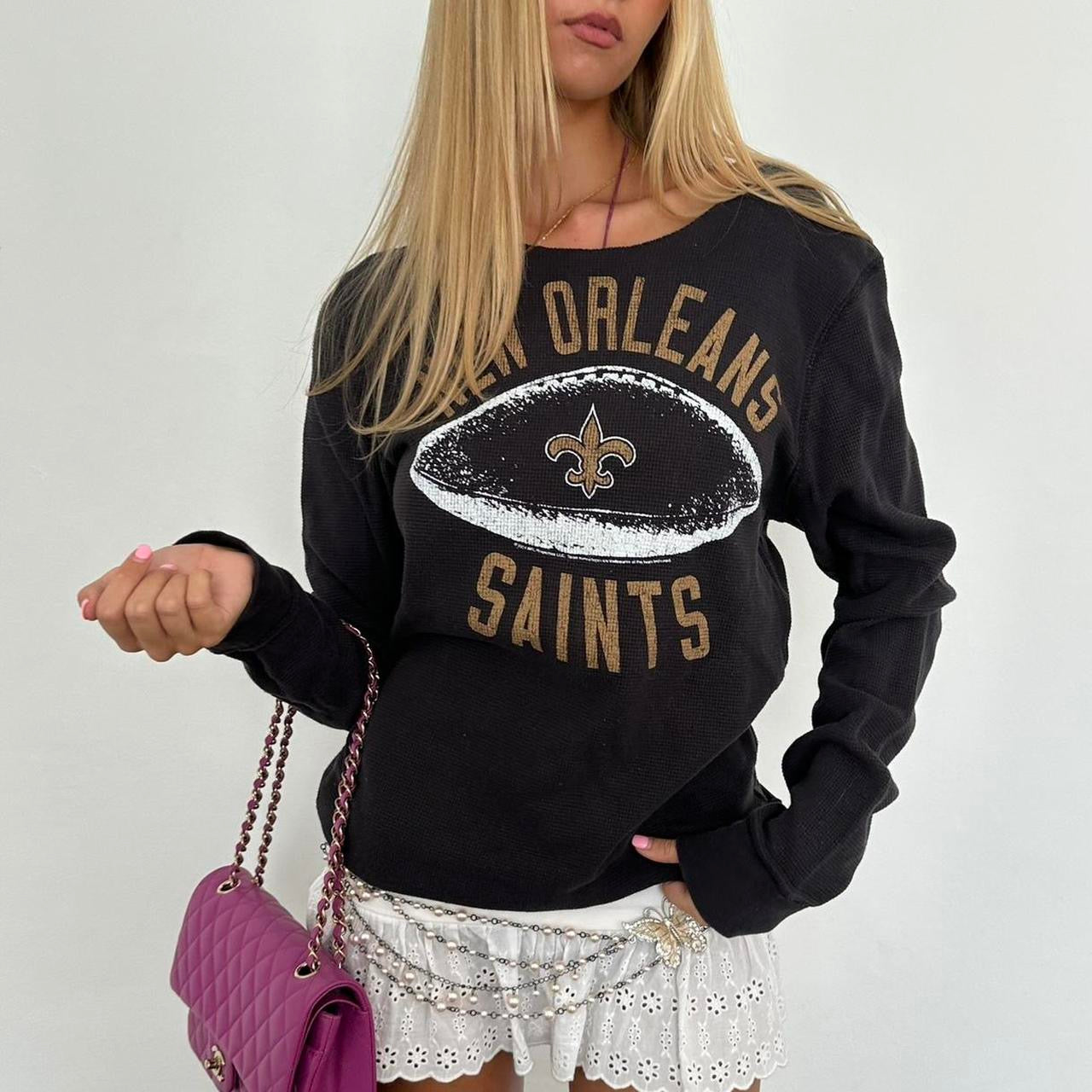 Vintage 2000’s black ‘New Orleans Saints’ off the shoulder waffle long sleeve top