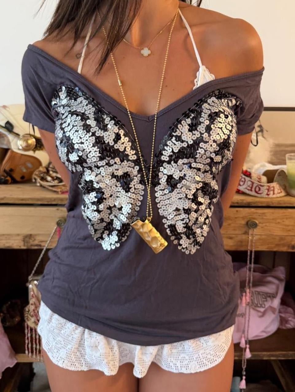 Vintage 90’s butterfly off shoulder grey sparkly top