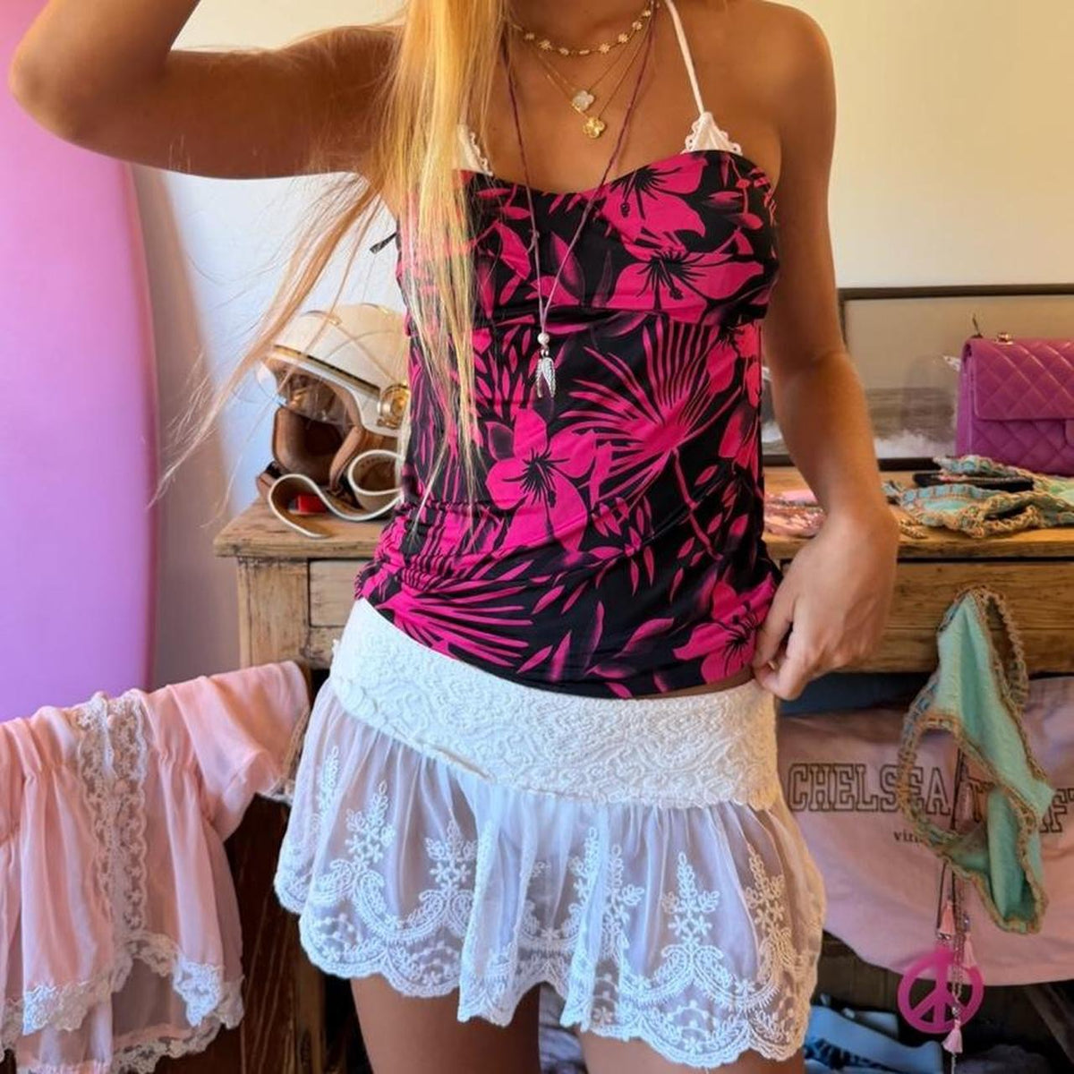 Vintage 00s pink and black tropical print strapless top