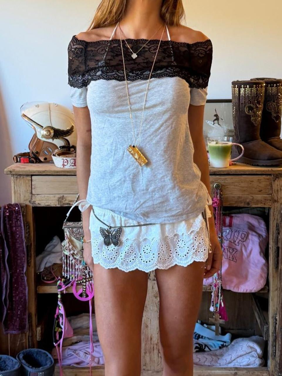 Vintage 00’s grey and black lace off shoulder top