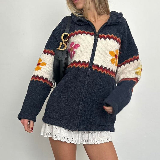 Vintage knitted navy flower zip up