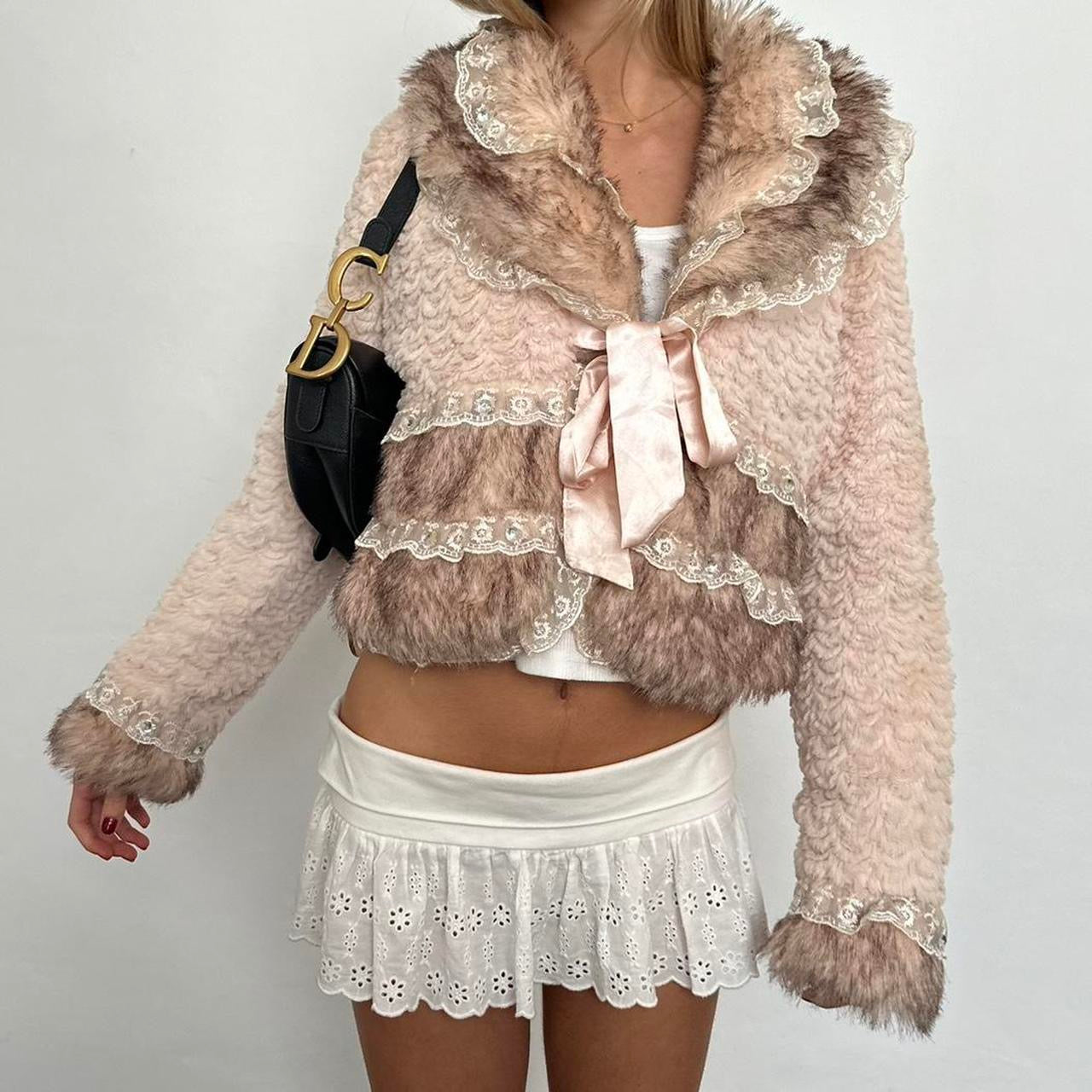 Vintage 2000’s faux fur and lace tie up jacket