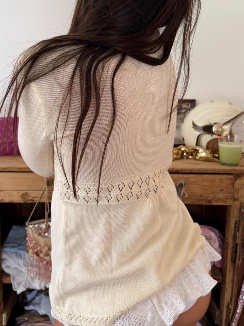 Vintage 00s cream knit open front delicate long sleeve top