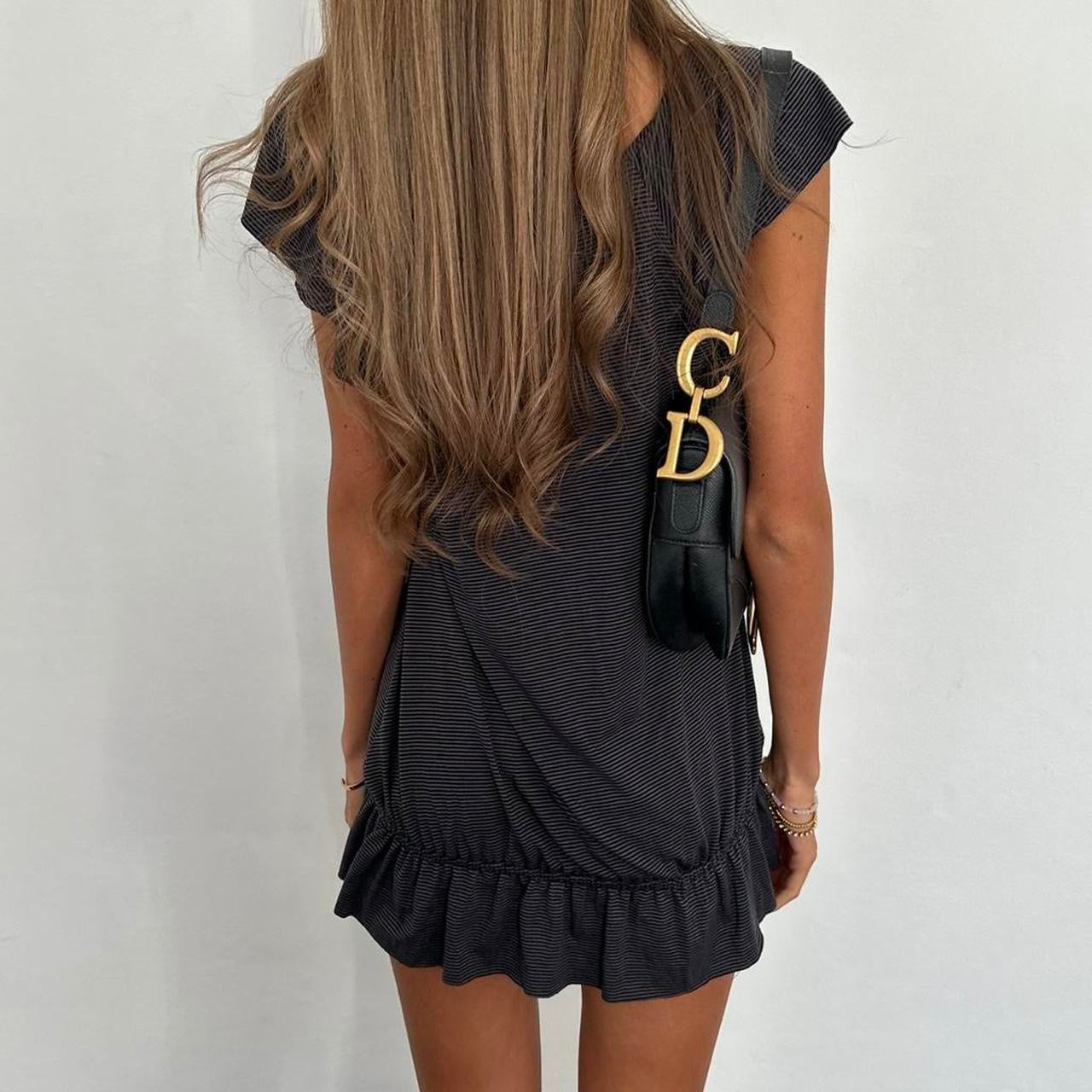 Vintage grey ruffle hem and tie mini dress