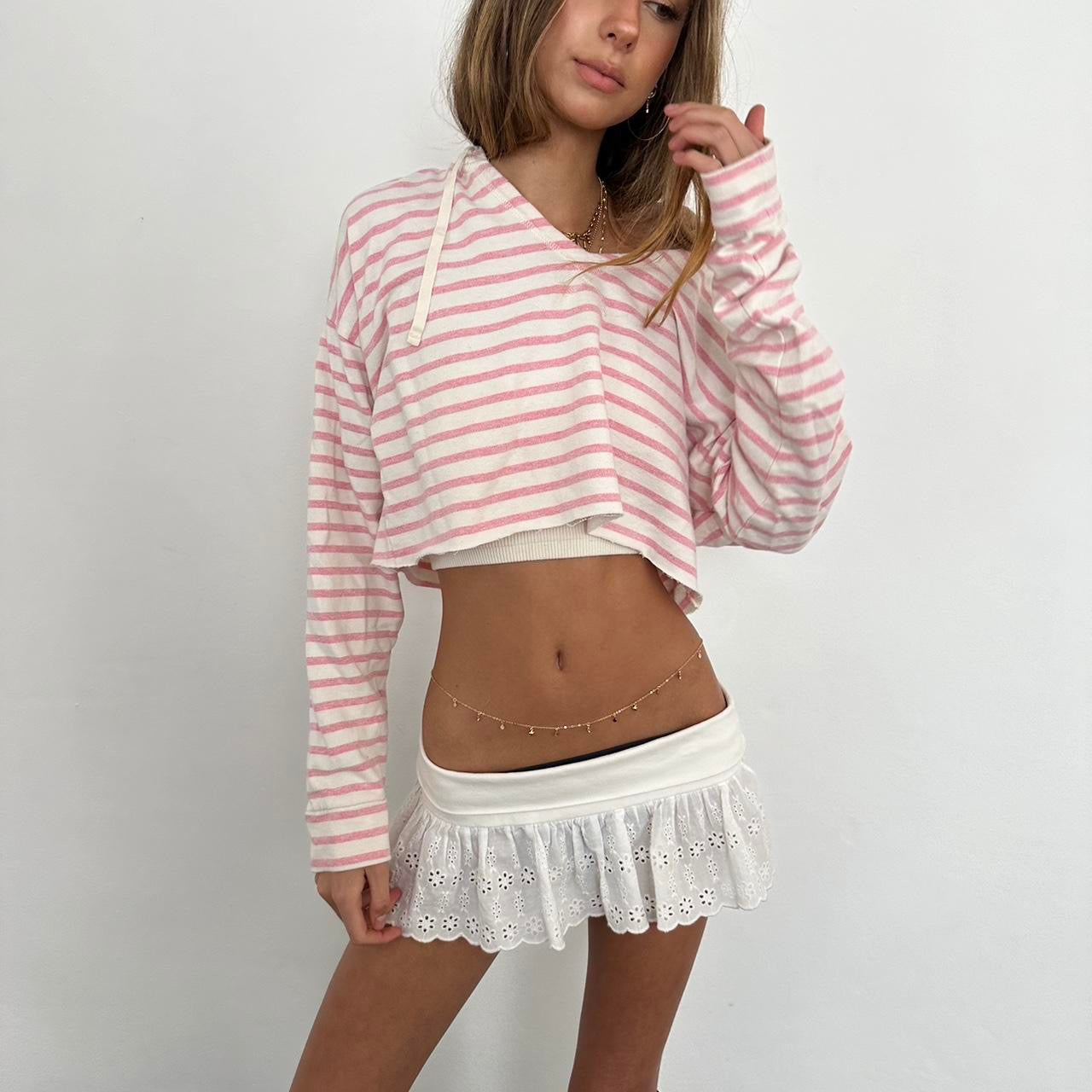 Vintage pink and white long sleeve cropped relaxed fit thin hoodie