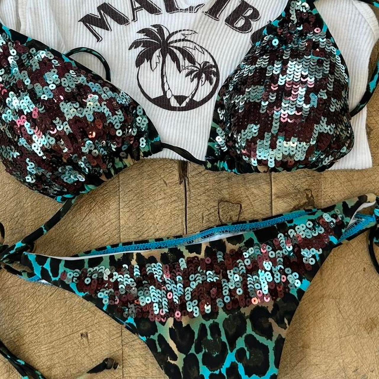 Vintage 00s sequin turquoise leopard print bikini