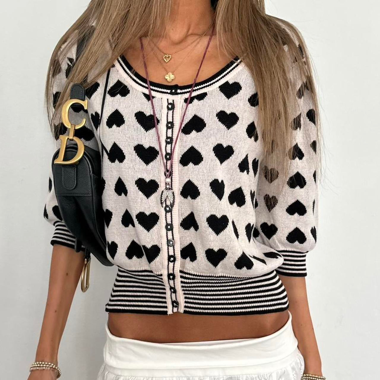 Vintage heart pattern short sleeve cardigan top