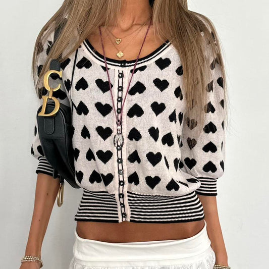 Vintage heart pattern short sleeve cardigan top